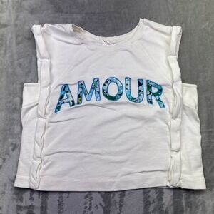 Anthropologie Amour Sweatshirt White Blue Floral Graphic French Text Women's M